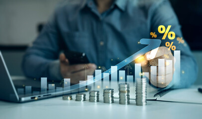 Leinwandbilder - Person is calculating income and return in percent.Percentage interest rates continue to increase, stocks and mutual funds, compensation fund, investment,retirement and dividend tax graph.
