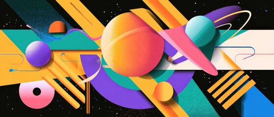Poster - vibrant abstract geometric art with spheres and lines in a modern colorful design, creating a dynami