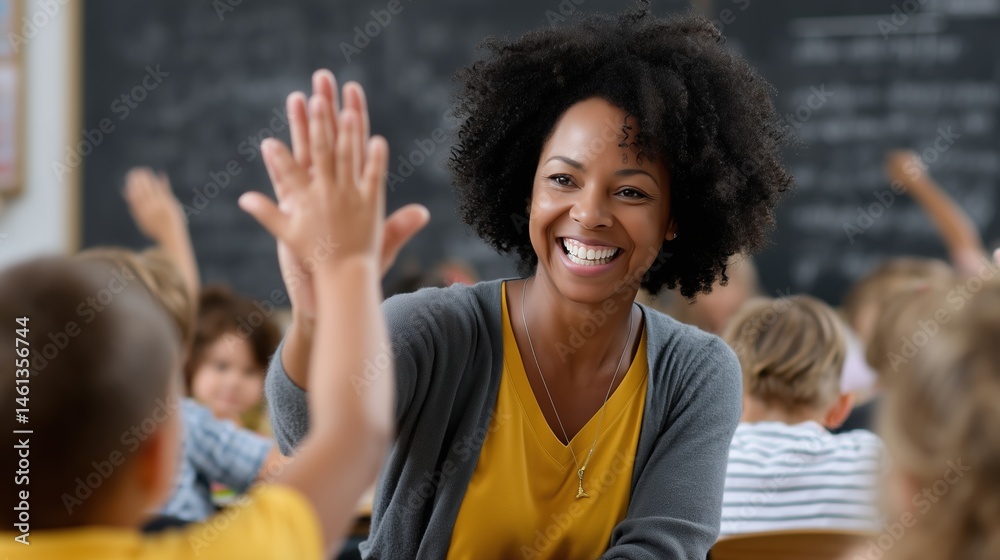 Smiling female teacher gives student a high-five in a classroom setting ...