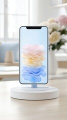 Poster - Modern smartphone placed on a wooden table with a minimalistic design and natural lighting