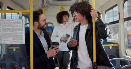 Poster - People, talk and travel on bus with coffee, friendly conversation and traffic in city. Friends, journey and chat on public transport for morning commute, explain job and businessman with beverage