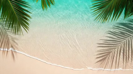 Poster - Pink sand beach bordered by palm fronds, casting soft shadows over crystalline waters gently caressing shoreline with tranquil tropical ambiance