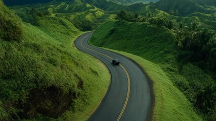 Aufkleber - Black car driving along a winding road through a vibrant green tropical landscape, featuring rolling hills, lush vegetation, and palm trees, creating a scenic and picturesque view