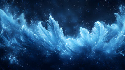 feather-like particle pattern in blue and white on a dark textured background