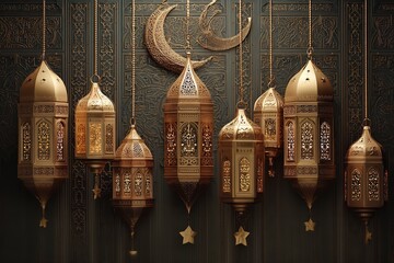 Poster - On a golden backdrop with writing and golden lanterns against an Arabic moon, traditional Islamic cultural icons are displayed. Generative Ai