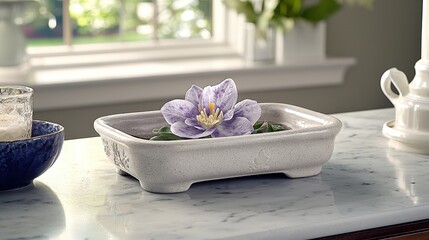 Poster - Delicate flower arranged in an elegant bowl surrounded by soft natural light and gentle shadows