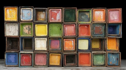Poster - Stacked pile of colorfully painted boxes showcasing a playful and creative approach to design