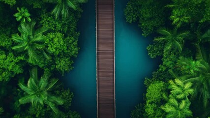 Poster - Lush green tropical rainforest surrounds a tranquil turquoise river crossed by a simple wooden footbridge, creating a serene and inviting scene in this aerial view