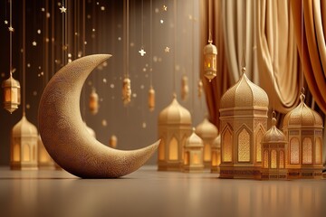 Poster - On a golden backdrop with writing and golden lanterns against an Arabic moon, traditional Islamic cultural icons are displayed. Generative Ai