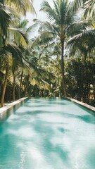 Aufkleber - Palm trees surround a luxurious swimming pool, their shadows dancing on the tranquil water surface, creating a serene and inviting oasis in a tropical paradise