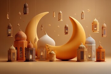 Poster - On a golden backdrop with writing and golden lanterns against an Arabic moon, traditional Islamic cultural icons are displayed. Generative Ai