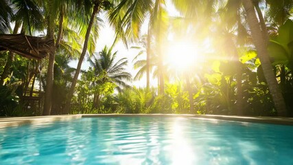 Poster - Tranquil swimming pool invites relaxation amidst lush tropical vegetation, bathed in warm sunlight filtering through palm trees, creating a serene oasis