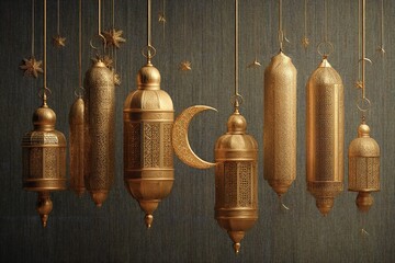Poster - On a golden backdrop with writing and golden lanterns against an Arabic moon, traditional Islamic cultural icons are displayed. Generative Ai