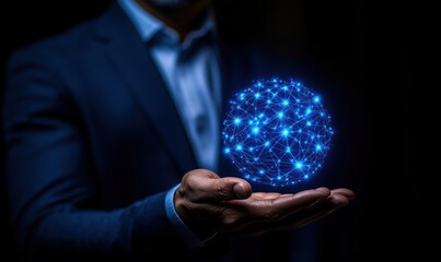 Poster - Digital globe representation in businessman's hand showcasing global connectivity and technology