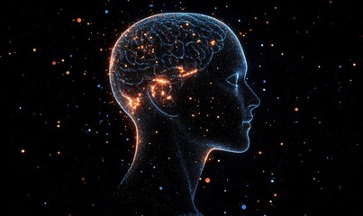 Poster - Digital representation of human brain with glowing neural connections and particles