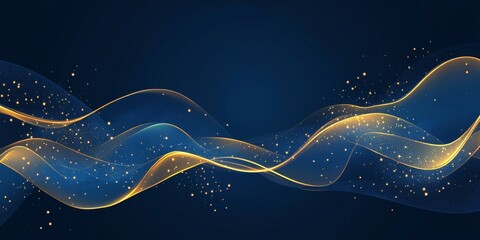 Poster - Abstract Elegant Dark Blue With Gold Swirling Lines, Luxury Background With Shining Particles