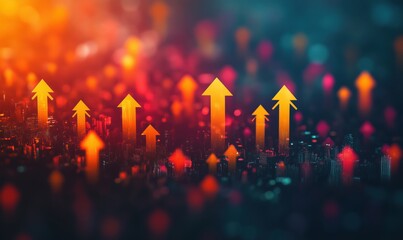 Poster - Upward arrows symbolizing growth and progress in a vibrant cityscape background