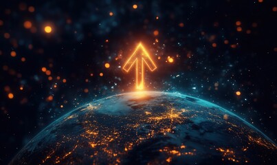 Poster - Glowing upward arrow above Earth symbolizing growth and progress in a cosmic setting