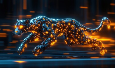 Poster - Futuristic cybernetic panther running through digital landscape with glowing circuitry