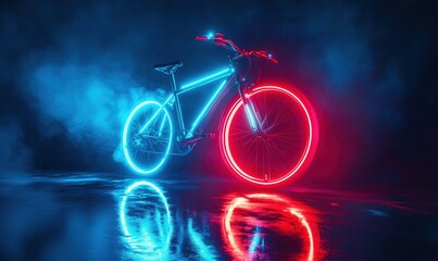 Poster - neon illuminated bicycle with glowing wheels in dark misty environment