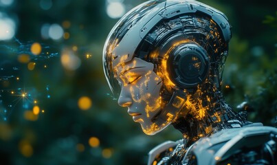 Poster - Futuristic humanoid robot with glowing circuitry in a natural setting