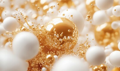 Poster - Golden liquid splash with white spheres creating dynamic abstract background