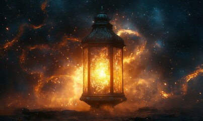 Poster - Glowing Lantern Surrounded by Cosmic Nebula and Stars in Dark Space