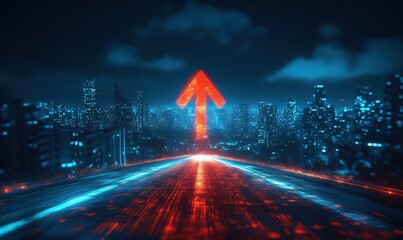 Poster - Futuristic city skyline with glowing upward arrow symbolizing growth and progress