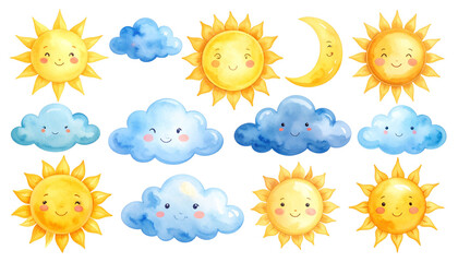 Wall Mural - bright and cheerful sun and cloud illustrations featuring smiling faces, perfect for children design