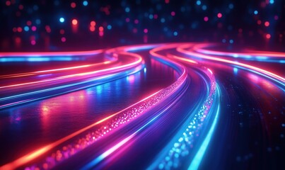 Poster - vibrant neon light trails creating dynamic abstract patterns on reflective surface