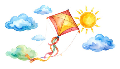 Wall Mural - colorful kite flying in bright blue sky with fluffy clouds and shining sun, evoking sense of joy and