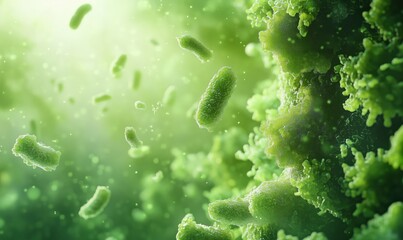 Poster - Microscopic view of green bacteria in vibrant environment showcasing microbial life