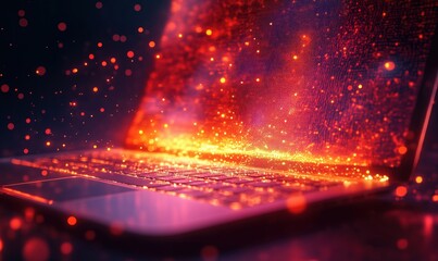 Poster - Glowing laptop with vibrant sparks and digital effects creating a futuristic atmosphere