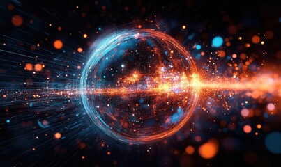 Poster - vibrant cosmic sphere with dynamic light trails and glowing particles in space