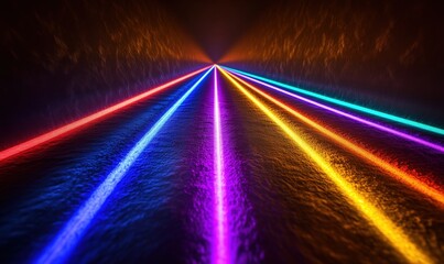 Poster - vibrant neon light beams reflecting on water surface in dark environment