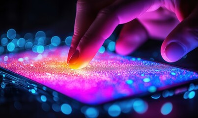 Poster - Close-up of finger touching vibrant smartphone screen with colorful bokeh effects