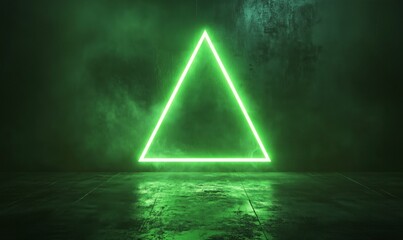 Poster - glowing green triangle neon sign on dark textured background with smoke effects