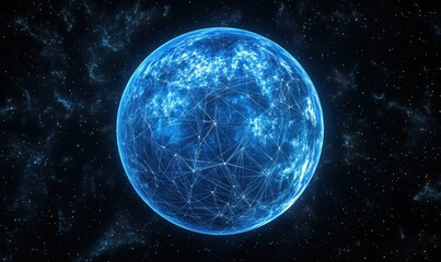 Fototapete - Glowing Blue Planet with Network Connections in Cosmic Space Background
