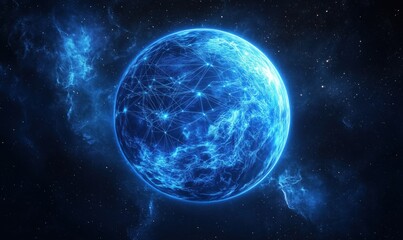 Poster - Glowing Blue Planet Surrounded by Cosmic Network in Deep Space