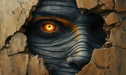 Poster - Mysterious cracked wall revealing intense eye with fiery glow and textured skin