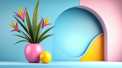 Poster - Vibrant Tropical Flower Still Life with Pink Vase and Yellow Sphere
