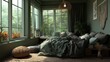 © Ivan - Soft bedding and natural decor create a serene atmosphere in this cozy bedroom filled with plants. Sunlight pours in through large windows, enhancing the tranquil setting