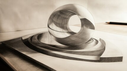Poster - graphite pencil drawing of a 3d sphere with a hole, resting on a platform.