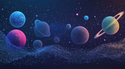 Poster - colorful planets and stars in space with wireframe effect.