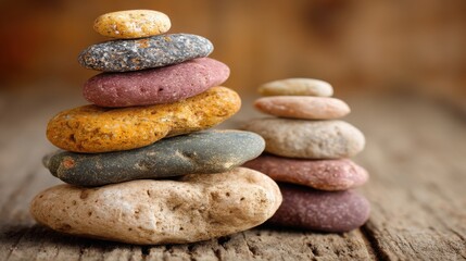 Poster - A stack of rocks gracefully positioned on a wooden table symbolizing effortless balance and natural harmony