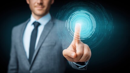 Poster - Businessman in formal suit engaging with key button to highlight asset awareness and portfolio management concepts