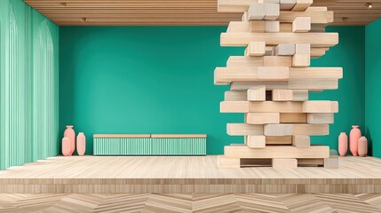 Poster - Intricate wooden sculpture positioned in a room representing a structured asset system and portfolio management concepts