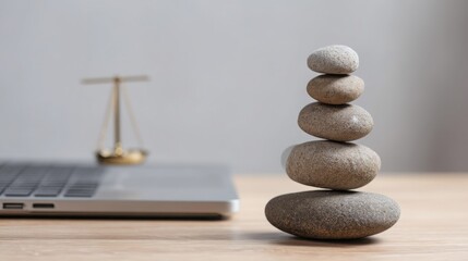 Poster - A minimalist workspace featuring a laptop and a stack of smooth rocks symbolizing clarity and focus in productivity