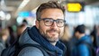 © ProPhotos - Man with glasses and beard smiling at the camera in a busy railway station with travelers around him.