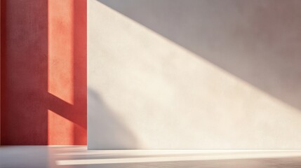 Poster - minimalist interior design with coral and white walls, sunlight.